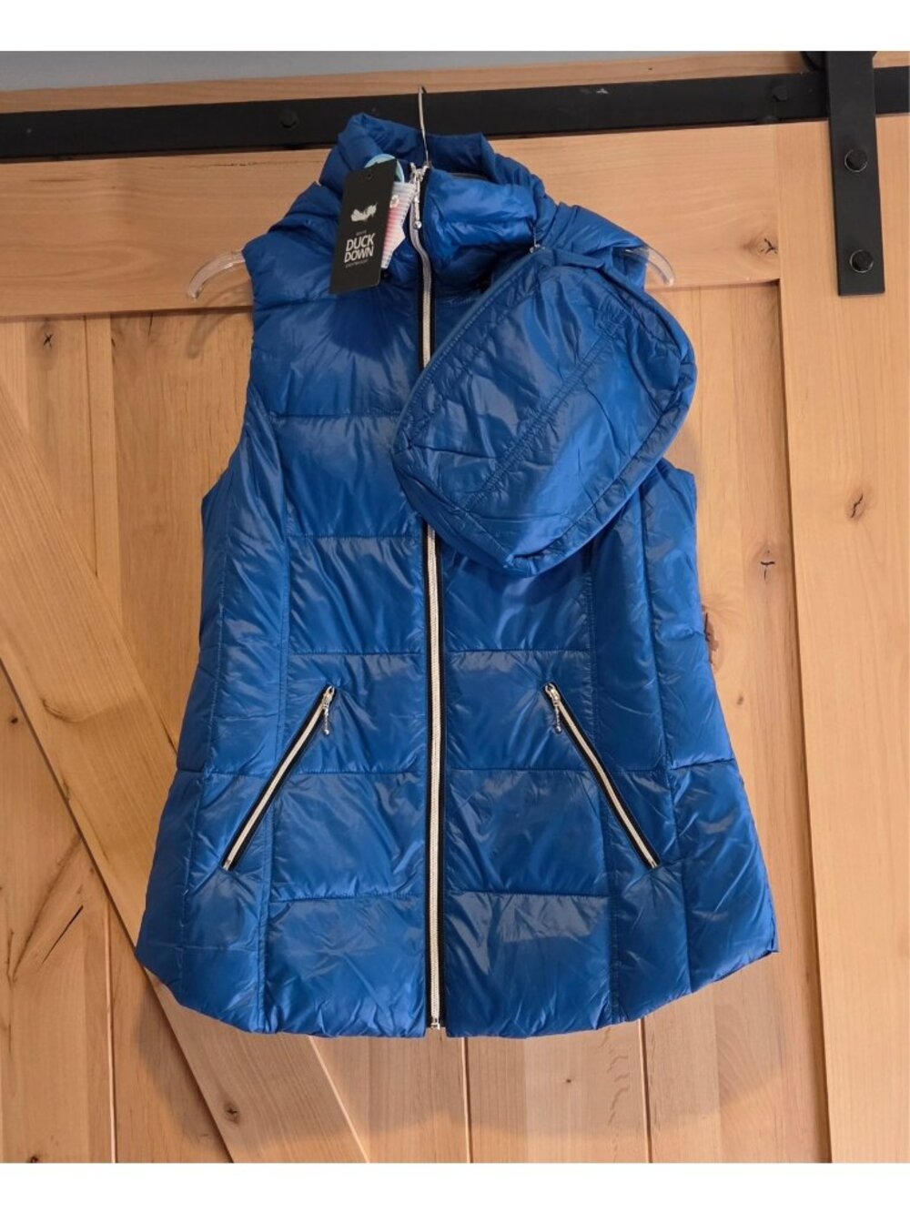 New! My Anorak Size S Blue Puffer Vest Down Removable Hood Packable Bag